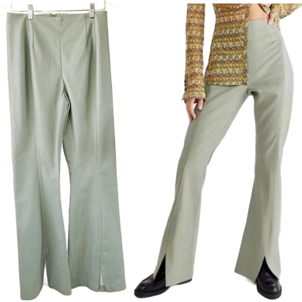 Free People Real Deal Vegan Leather High Rise Flare Slit Pants Sz 29 Sage Green